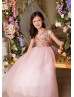 Dusty Rose Sequin Tulle Ankle Length V Back Flower Girl Dress